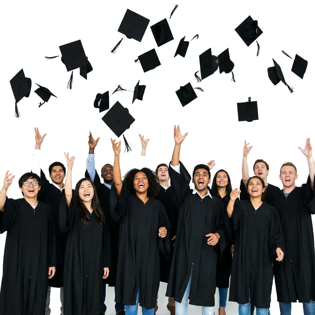 Young college students joyfully celebrating their graduation, throwing caps in the air
